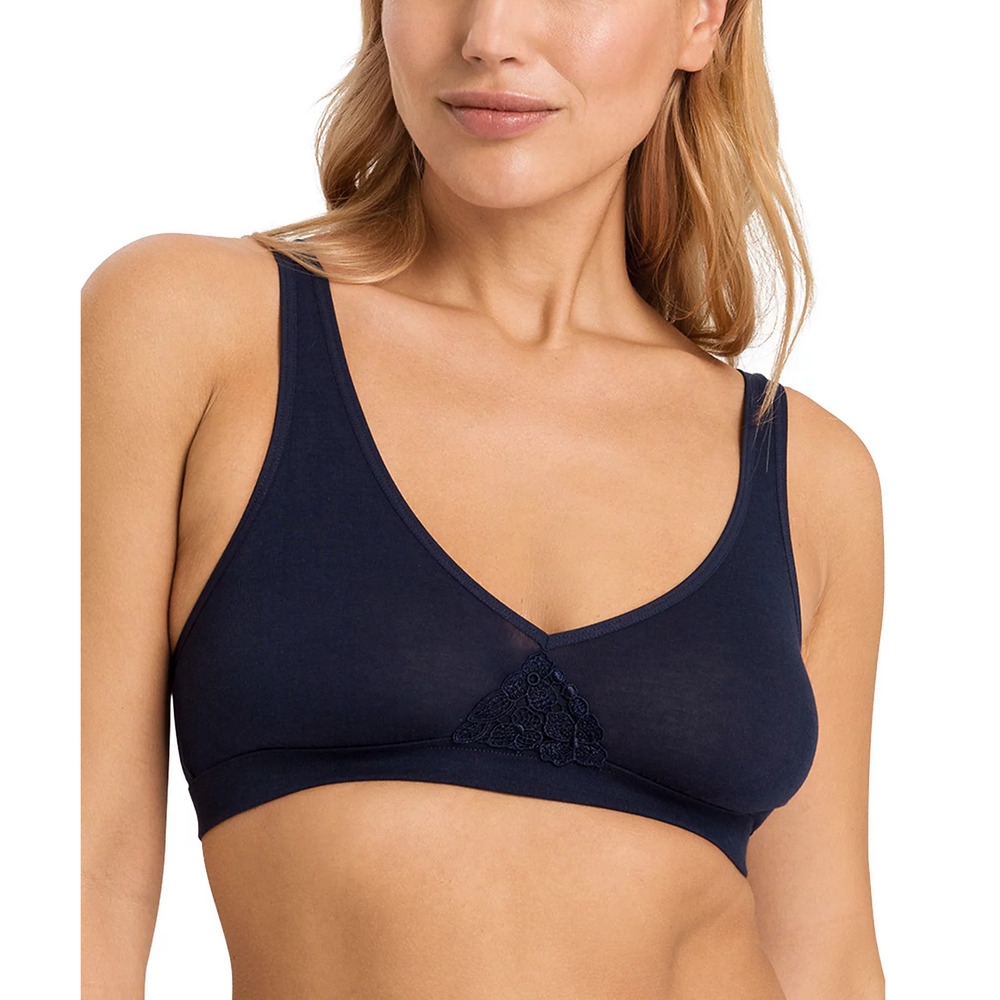 Hanro Navy Wireless Cotton-Blend Triangle Bra with Lace Trim